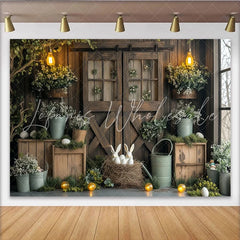 Lofaris Rustic Barn Door Easter Photography Backdrop with Bunnies and Eggs Spring Holiday Background for Festive Photoshoots and Decor