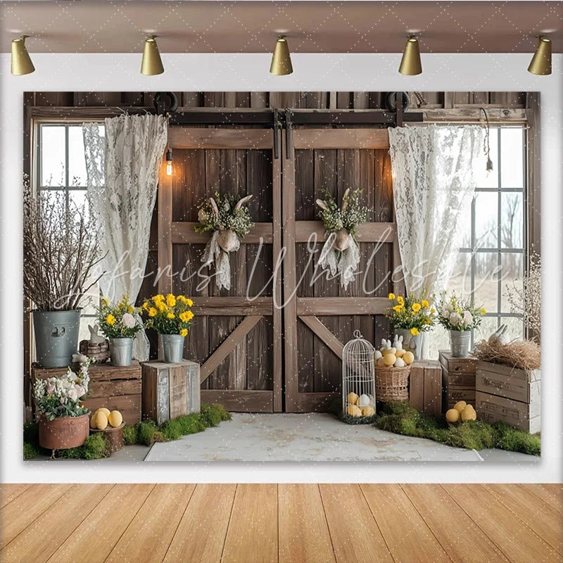 Lofaris Rustic Barn Door Easter Photography Backdrop with Bunny Wreaths and Spring Flowers Farmhouse Style Studio Background