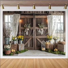 Lofaris Rustic Barn Door Easter Photography Backdrop with Bunny Wreaths and Spring Flowers Farmhouse Style Studio Background