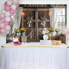Lofaris Rustic Barn Door Easter Photography Backdrop with Bunny Wreaths and Spring Flowers Farmhouse Style Studio Background