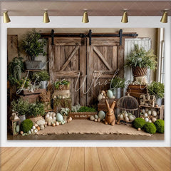 Lofaris Rustic Barn Door Easter Photography Backdrop with Greenery and Eggs Charming Spring Farm Background for Photoshoot and Party Decor