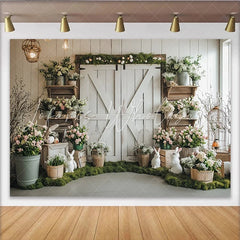 Lofaris Rustic Barn Door Easter Photography Backdrop with Spring Flowers and Bunnies Holiday Party Decor for Photoshoot