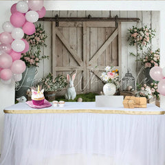 Lofaris Rustic Barn Door Easter Photography Backdrop with White Bunnies Charming Spring Floral Studio Background for Holiday Photos