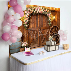 Lofaris Rustic Barn Door Floral Photography Backdrop with Elegant Roses Charming Farmhouse Background for Wedding and Studio Photoshoot