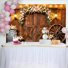 Lofaris Rustic Barn Door Floral Photography Backdrop with Elegant Roses Charming Farmhouse Background for Wedding and Studio Photoshoot