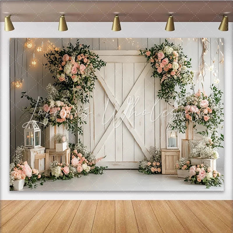 Lofaris Rustic Barn Door Floral Photography Backdrop with Pink Roses and Greenery Elegant Wedding Photo Background