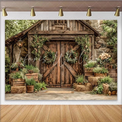 Lofaris’ Rustic Barn Door Photography Backdrop with Greenery and Floral Wreaths Vintage Farmhouse Background for Studio Photoshoot