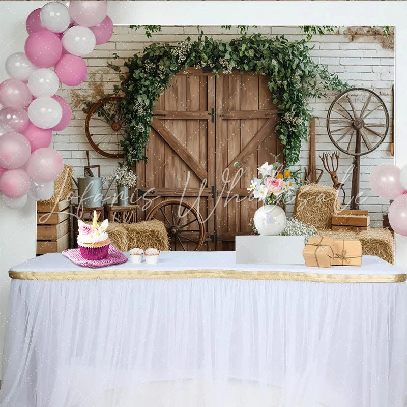 Lofaris Rustic Barn Door Photography Backdrop with Greenery and Hay Bales Farmhouse Style Background for Studio Photoshoot