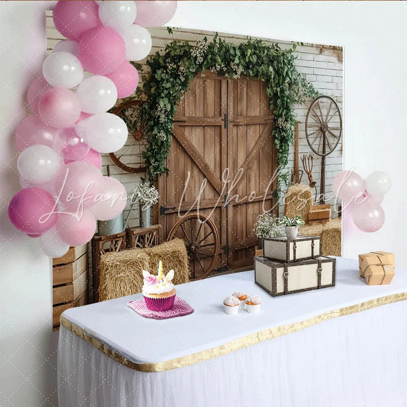 Lofaris Rustic Barn Door Photography Backdrop with Greenery and Hay Bales Farmhouse Style Background for Studio Photoshoot