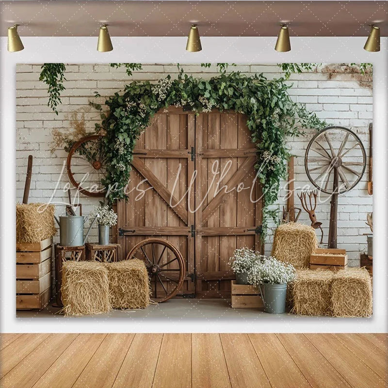 Lofaris Rustic Barn Door Photography Backdrop with Greenery and Hay Bales Farmhouse Style Background for Studio Photoshoot