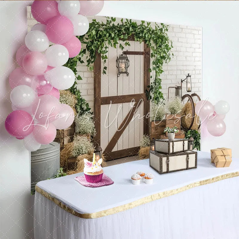 Lofaris Rustic Barn Door Photography Backdrop with Greenery and White Brick Wall Elegant Studio Background for Farmhouse Theme Photoshoot