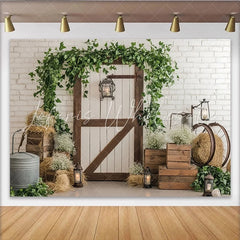 Lofaris Rustic Barn Door Photography Backdrop with Greenery and White Brick Wall Elegant Studio Background for Farmhouse Theme Photoshoot