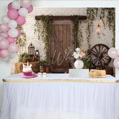 Lofaris Rustic Barn Door Photography Backdrop with White Brick Wall and Ivy Farmhouse Wood Background for Studio Photoshoot and Party Decor