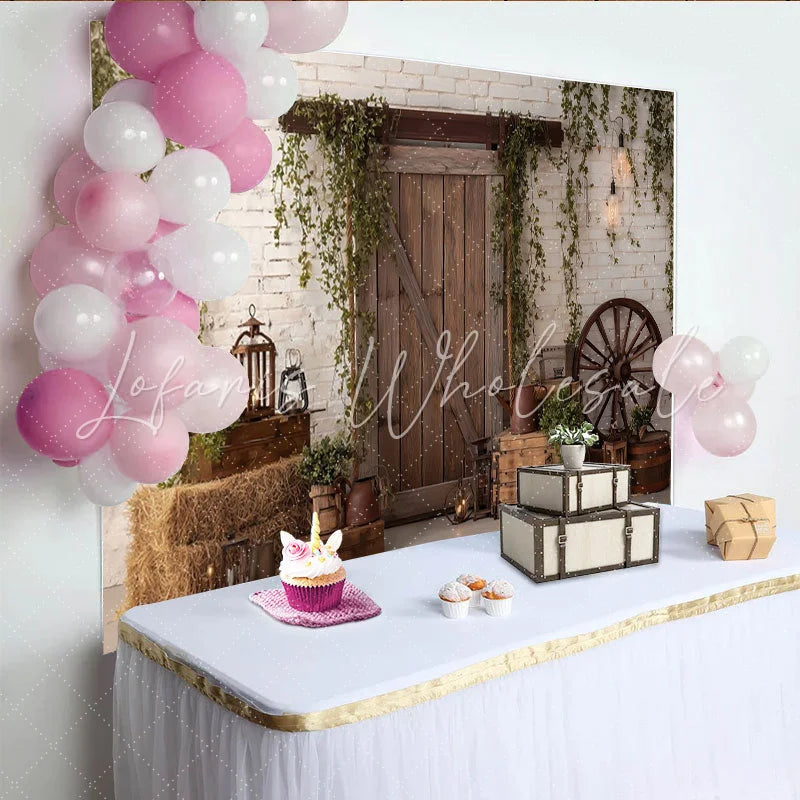 Lofaris Rustic Barn Door Photography Backdrop with White Brick Wall and Ivy Farmhouse Wood Background for Studio Photoshoot and Party Decor
