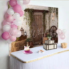 Lofaris Rustic Barn Door Photography Backdrop with White Brick Wall and Ivy Farmhouse Wood Background for Studio Photoshoot and Party Decor