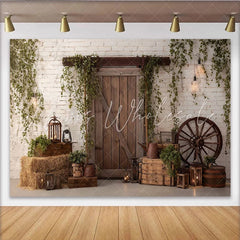 Lofaris Rustic Barn Door Photography Backdrop with White Brick Wall and Ivy Farmhouse Wood Background for Studio Photoshoot and Party Decor
