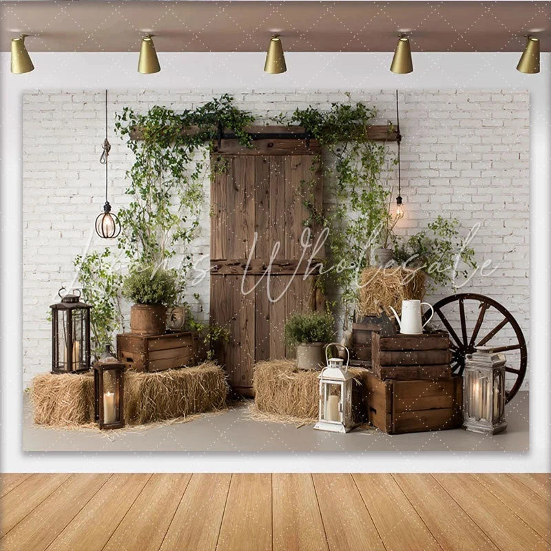 Lofaris Rustic Barn Door Photography Backdrop with White Brick Wall Farmhouse Style Background for Studio Photoshoot