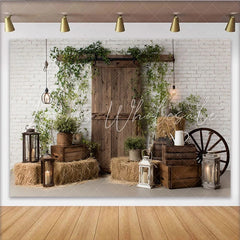 Lofaris Rustic Barn Door Photography Backdrop with White Brick Wall Farmhouse Style Background for Studio Photoshoot