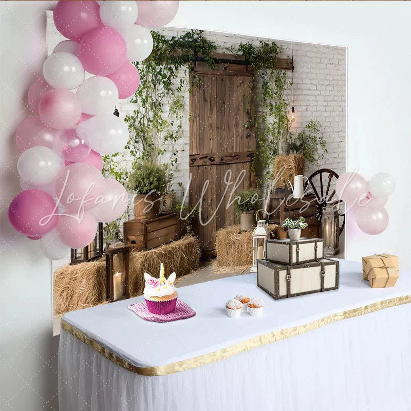 Lofaris Rustic Barn Door Photography Backdrop with White Brick Wall Farmhouse Style Background for Studio Photoshoot