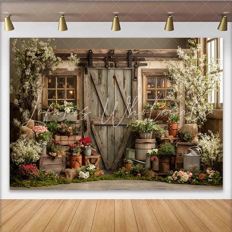 Lofaris Rustic Barn Door Spring Garden Photography Backdrop with Blooming Flowers Greenery Charming Wooden Background for Photoshoot