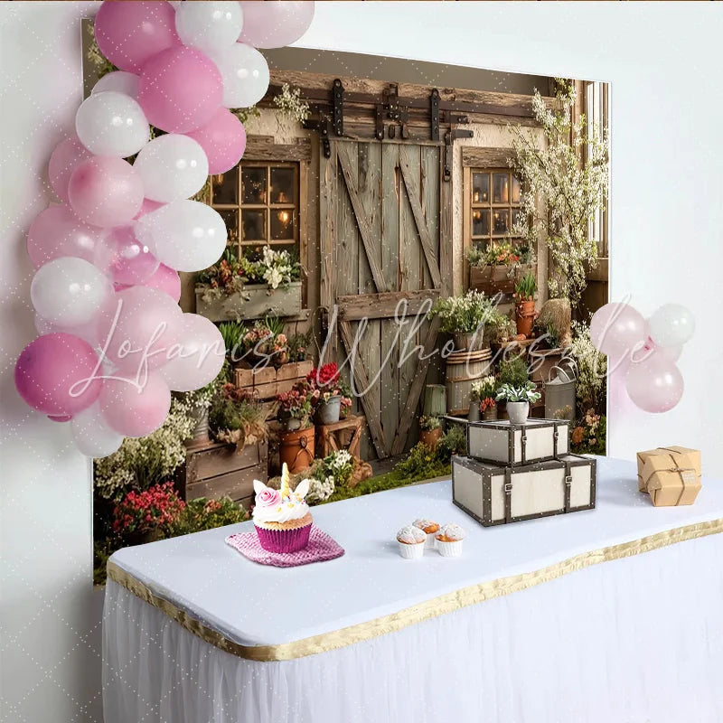 Lofaris Rustic Barn Door Spring Garden Photography Backdrop with Blooming Flowers Greenery Charming Wooden Background for Photoshoot