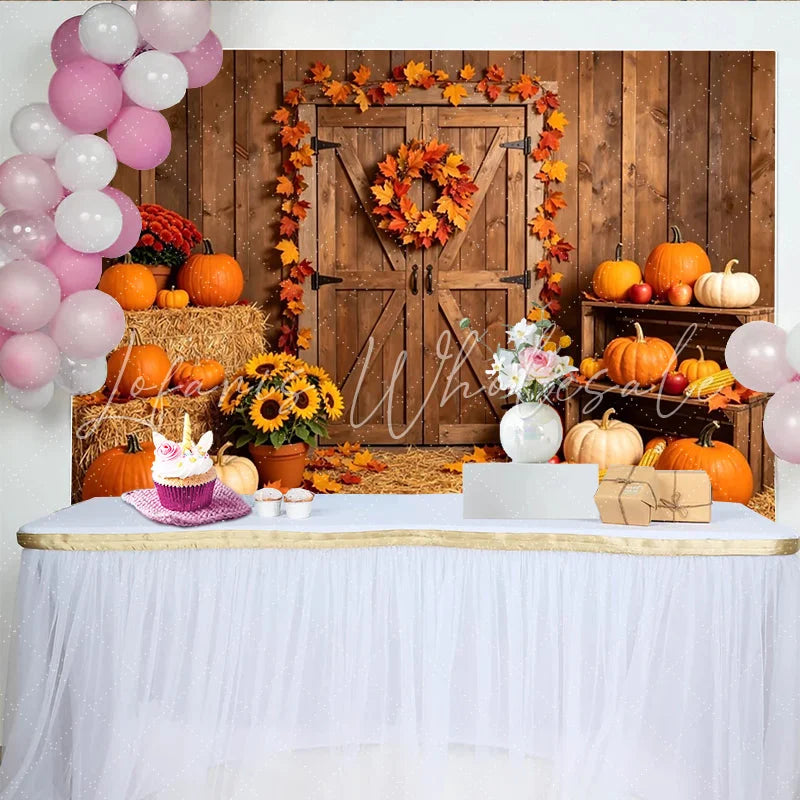 Lofaris Rustic Barn Door Thanksgiving Backdrop with Pumpkins and Autumn Leaves Harvest Fall Festival Party Decor
