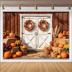 Lofaris Rustic Barn Door Thanksgiving Backdrop with Pumpkins and Autumn Wreaths Fall Harvest Photography Background for Seasonal Decor