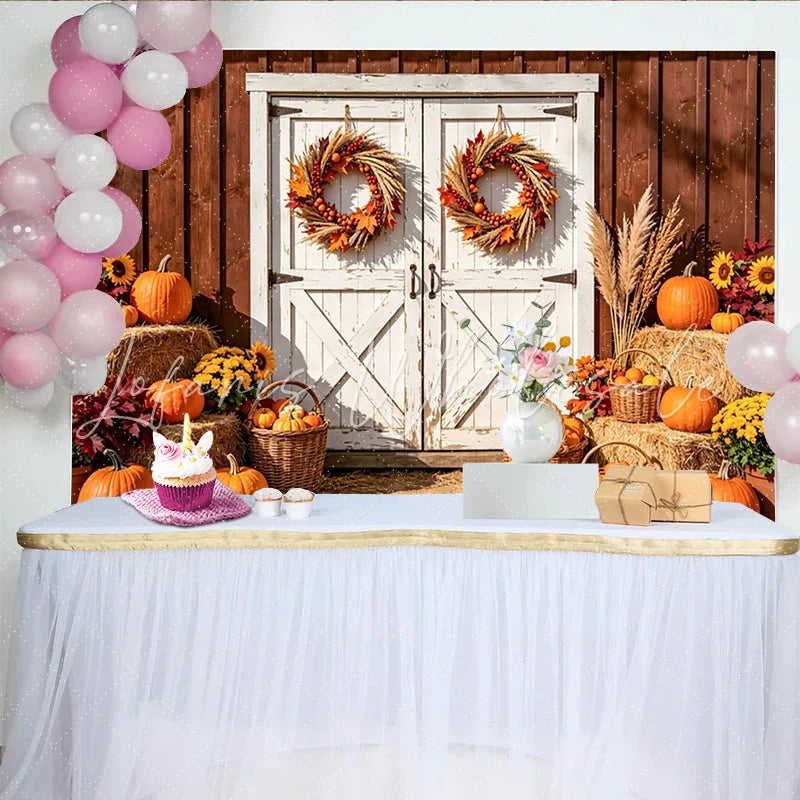 Lofaris Rustic Barn Door Thanksgiving Backdrop with Pumpkins and Autumn Wreaths Fall Harvest Photography Background for Seasonal Decor