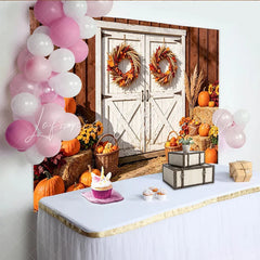 Lofaris Rustic Barn Door Thanksgiving Backdrop with Pumpkins and Autumn Wreaths Fall Harvest Photography Background for Seasonal Decor