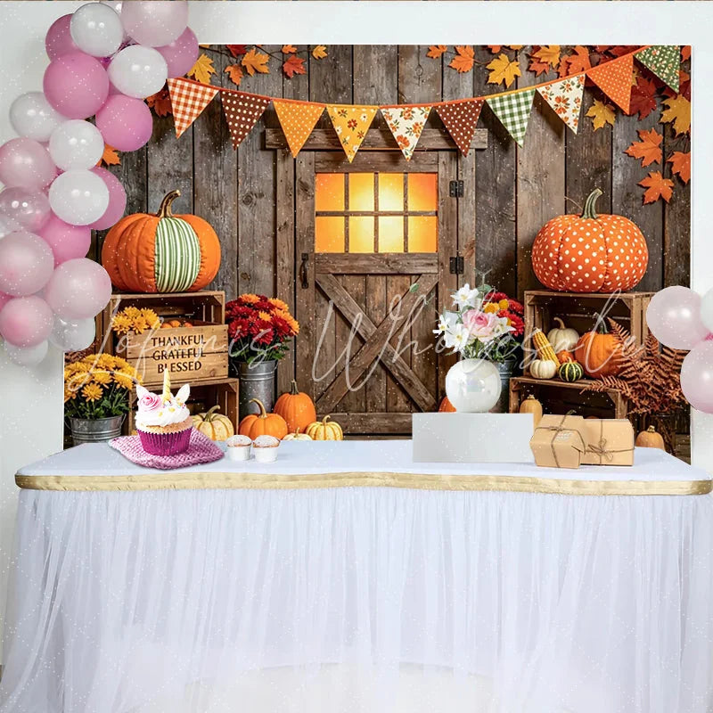 Lofaris Rustic Barn Door Thanksgiving Backdrop with Pumpkins and Fall Leaves Cozy Harvest Photo Background for Autumn Party Decor