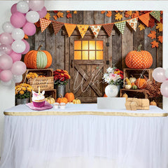 Lofaris Rustic Barn Door Thanksgiving Backdrop with Pumpkins and Fall Leaves Cozy Harvest Photo Background for Autumn Party Decor