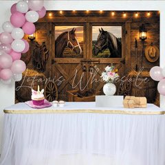 Lofaris Rustic Barn Horse Photography Backdrop with String Lights Western Farmhouse Studio Background for Photo Booth Props