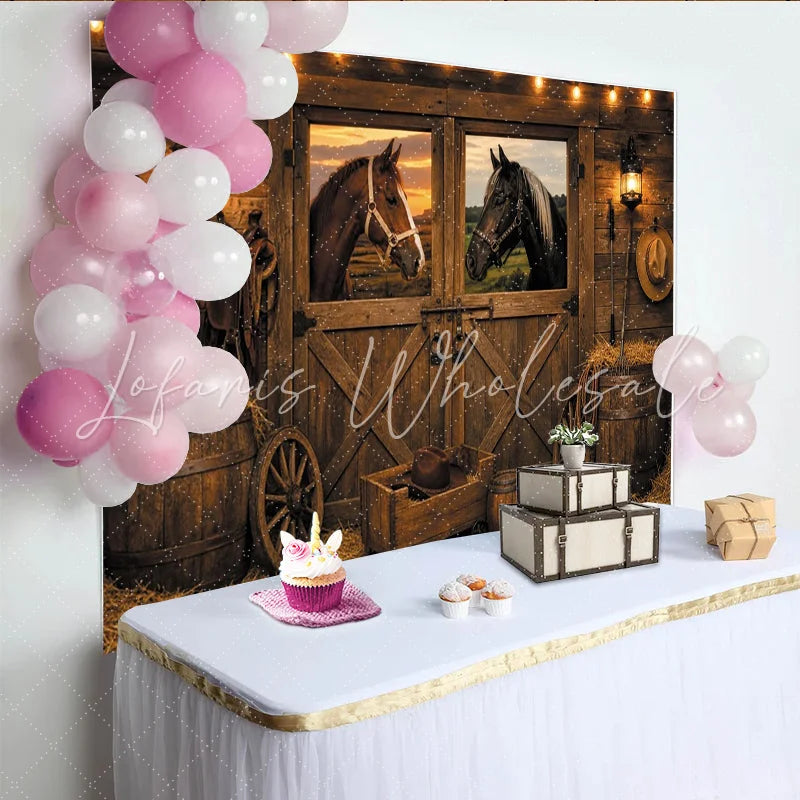 Lofaris Rustic Barn Horse Photography Backdrop with String Lights Western Farmhouse Studio Background for Photo Booth Props