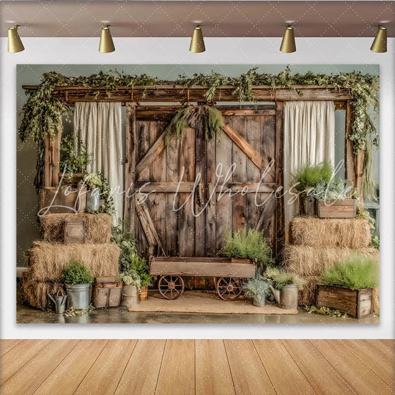 Lofaris Rustic Barn Photography Backdrop with Hay Bales and Greenery Charming Farmhouse Background for Studio Photoshoot