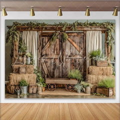 Lofaris Rustic Barn Photography Backdrop with Hay Bales and Greenery Charming Farmhouse Background for Studio Photoshoot