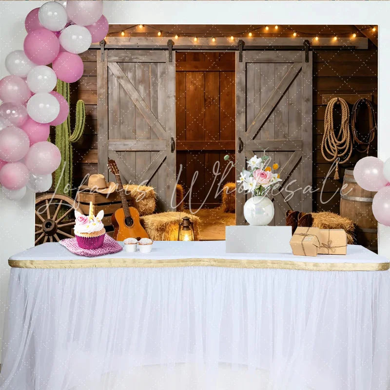 Lofaris Rustic Barn Photography Backdrop with Sliding Doors Western Wood Wall Background for Studio Photoshoot and Party Decor