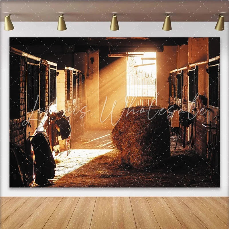 Lofaris Rustic Barn Photography Backdrop with Sunlight and Hay Bale Warm Stable Background for Farmhouse Photoshoot