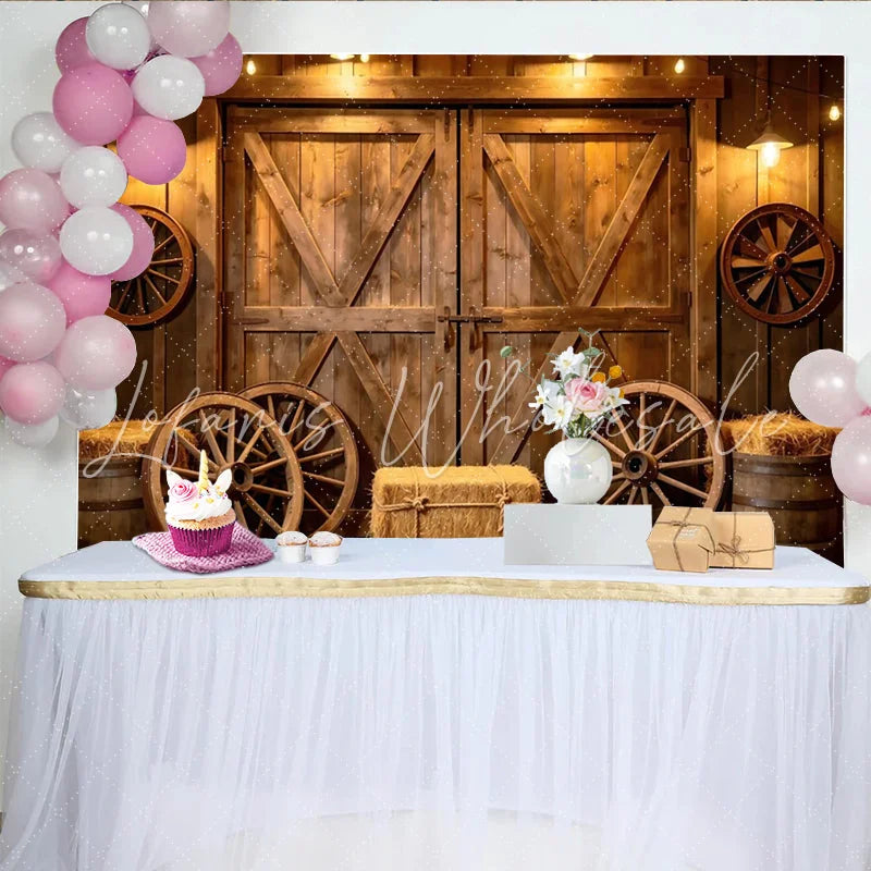 Lofaris Rustic Barn Photography Backdrop with Wagon Wheels and Hay Bales Warm Wooden Background for Studio Photoshoot