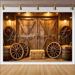 Lofaris Rustic Barn Photography Backdrop with Wagon Wheels and Hay Bales Warm Wooden Background for Studio Photoshoot