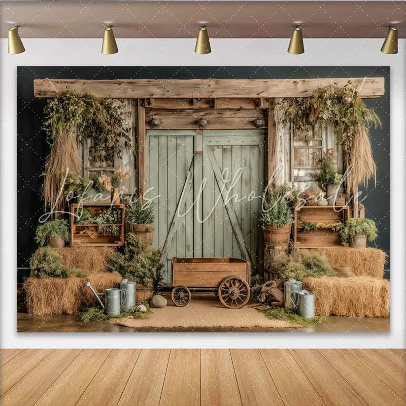 Lofaris Rustic Barn Photography Backdrop with Wooden Door and Hay Bales Natural Farmhouse Background for Studio Photoshoot