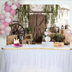Lofaris Rustic Barn Photography Backdrop with Wooden Doors and White Brick Wall Charming Farmhouse Background for Studio Photoshoots