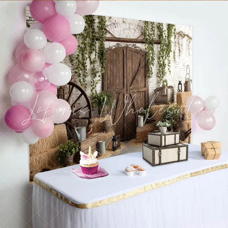 Lofaris Rustic Barn Photography Backdrop with Wooden Doors and White Brick Wall Charming Farmhouse Background for Studio Photoshoots