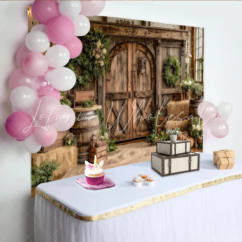 Lofaris Rustic Barn Photography Backdrop with Wooden Doors Hay Bales and Greenery Farmhouse Studio Background for Autumn Photoshoot