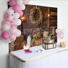 Lofaris Rustic Barn Wood Photography Backdrop with Wreath and Lanterns Farmhouse Hay Bales Background for Studio Photoshoot and Party Decor