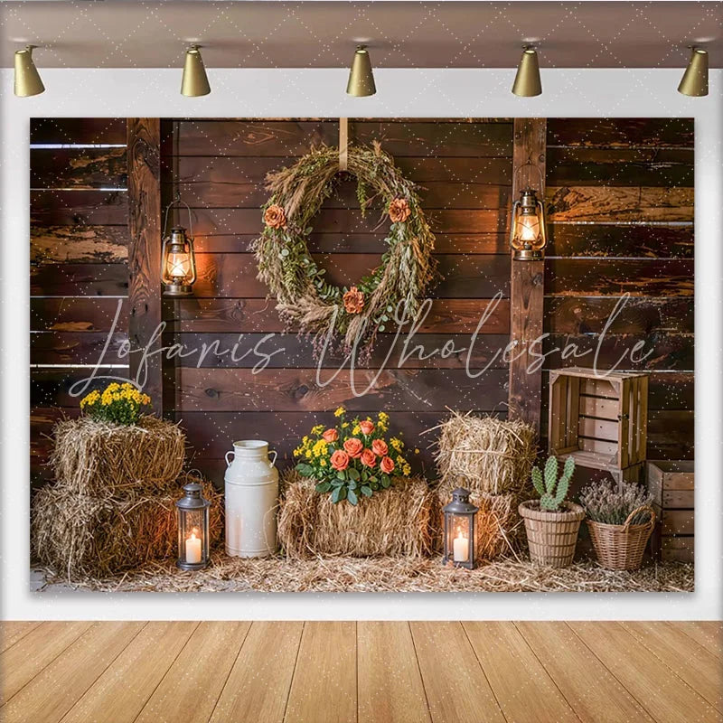 Lofaris Rustic Barn Wood Photography Backdrop with Wreath and Lanterns Farmhouse Hay Bales Background for Studio Photoshoot and Party Decor