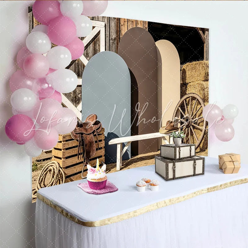 Lofaris Rustic Barn Wood Western Photography Backdrop with Hay Bales and Wagon Wheel Earthy Arch Panels for Studio Photoshoot