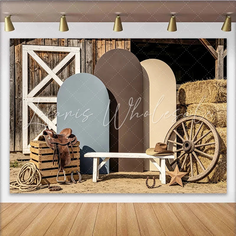 Lofaris Rustic Barn Wood Western Photography Backdrop with Hay Bales and Wagon Wheel Earthy Arch Panels for Studio Photoshoot