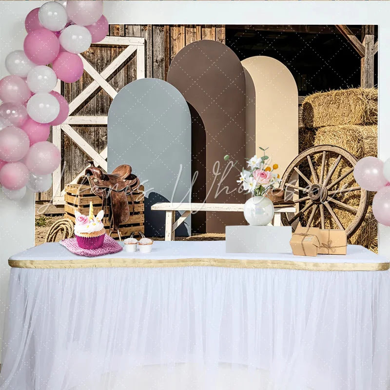 Lofaris Rustic Barn Wood Western Photography Backdrop with Hay Bales and Wagon Wheel Earthy Arch Panels for Studio Photoshoot