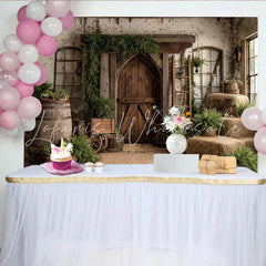 Lofaris Rustic Barn Wooden Door Photography Backdrop with White Brick Wall Hay Bales and Greenery Studio Background for Farmhouse Portrait