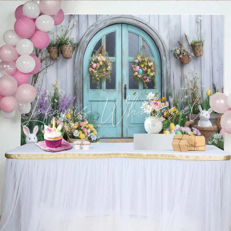 Lofaris Rustic Blue Door with Easter Eggs and Bunnies Party Backdrop Spring Floral Garden Celebration Decor